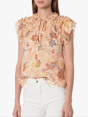 JOIE Tezza‎ Floral Neck Tie Short Sleeve Silk Top